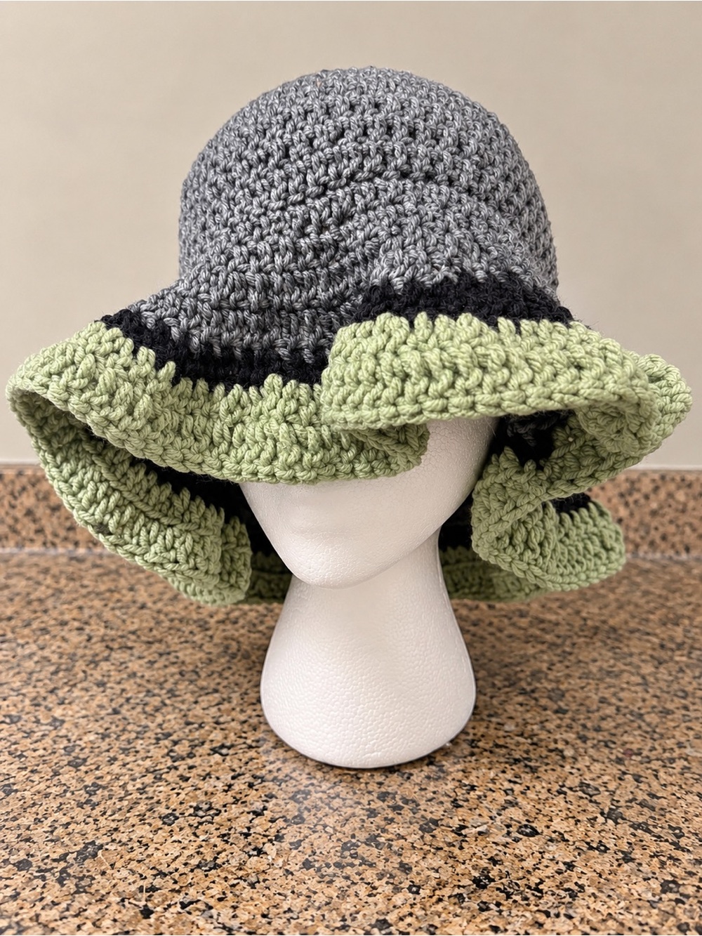 Handmade Grey and Light Green Crochet Bucket Hat